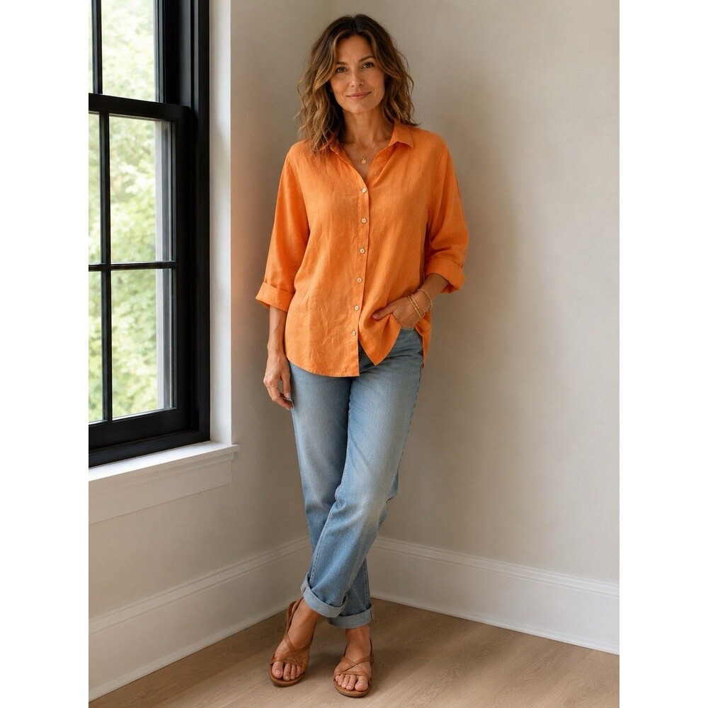 Chico's No Iron Top 100% Linen Orange Button Up Shirt 3/4 Sleeve Sz 1 US 8